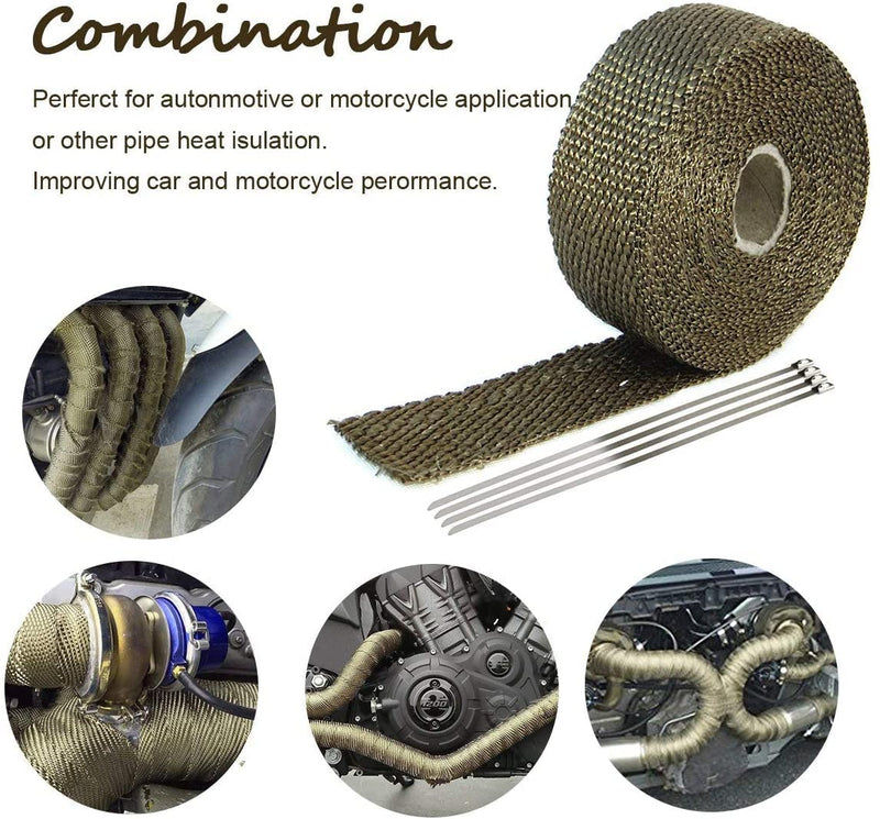 Titanium Exhaust Wrap 1" x 16' Roll for Motorcycle Fiberglass Heat Shield Tape with Stainless Ties 1" x 16' TITANIUM