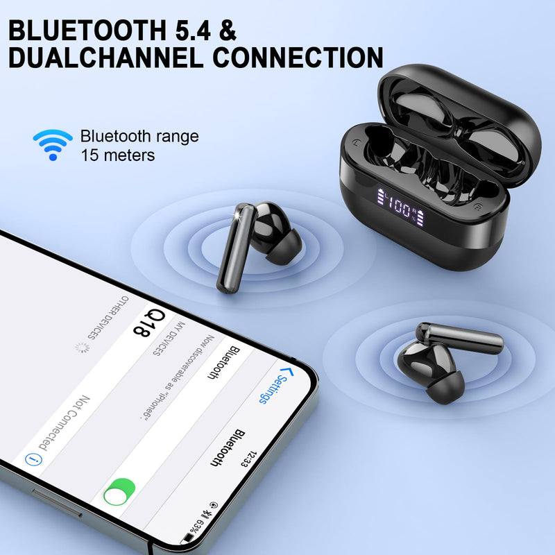 Wireless Earbuds, 2026 Bluetooth 5.4 Headphones Bass Stereo, Ear Buds with 4 Mics ENC Noise Cancelling, Bluetooth Earbuds 48H Playtime LED Display Charging Case, IP7 Waterproof in Ear Earphones, Black Light Black