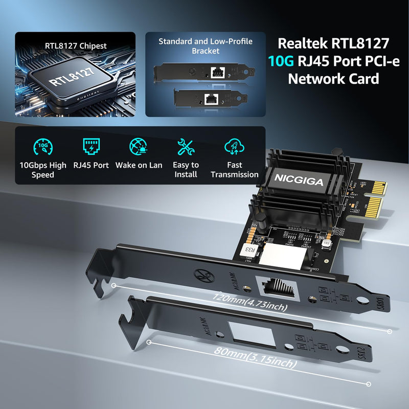NICGIGA 10Gb PCIe 4.0 x1 Network Card, Realtek RTL8127 Ethernet Adapter. | 10G/5G/2.5G/1G RJ45 Multi-Gigabit LAN NIC, Support Windows 10/11/Server, Linux, NAS, Low Profile Bracket 10G NIC-RTL8127