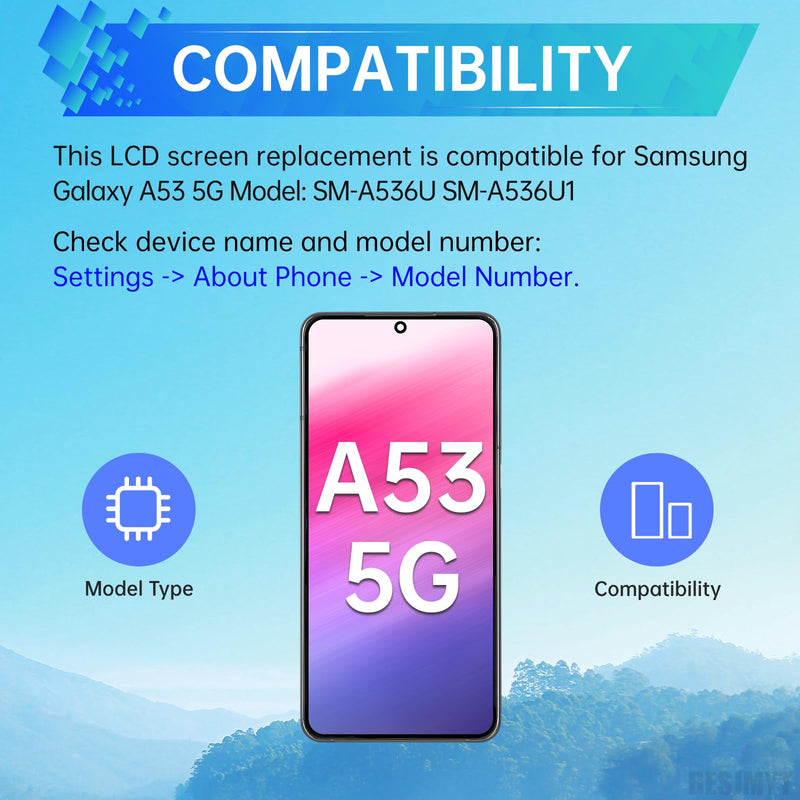 for Samsung Galaxy A53 5G Screen Replacement with Frame LCD Display Touch Digitizer Full Assembly and Side Button Ear Speaker Vibration Motor Glass Repair Tools Kit SM-A536U SM-A536U1