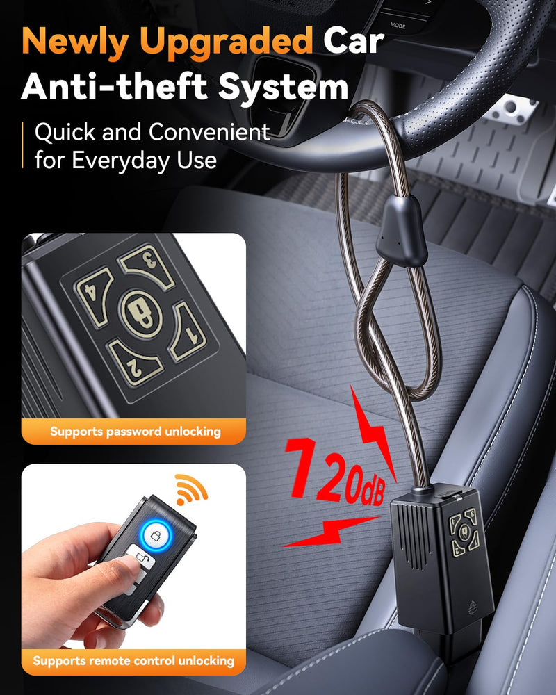 Remote Control Car Steering Wheel Lock with 120dB Alarm, Car Security Lock | Keyless Anti-Theft Device, Cable-Cut Alert, Vibration Sensor,USB-C Rechargeable, Universal Fit for Car SUV Truck Van