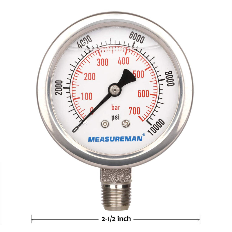 MEASUREMAN 2-1/2" dial,Glycerin Filled Hydraulics Pressure Gauge Stainless Steel case, 316 SS Wetted Part, 0-10000psi/bar1/4 NPT,Lower Mount 0-10000 psi Lower Mount(100% Stainless Steel)