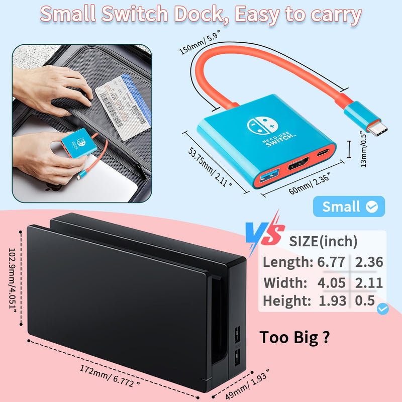 Switch Dock for Nintendo Switch & OLED, Portable TV Dock with 4K HDMI, USB 3.0 Port and USB C PD 100W Charging, Travel Docking Station Replacement for Switch(Blue) Blue