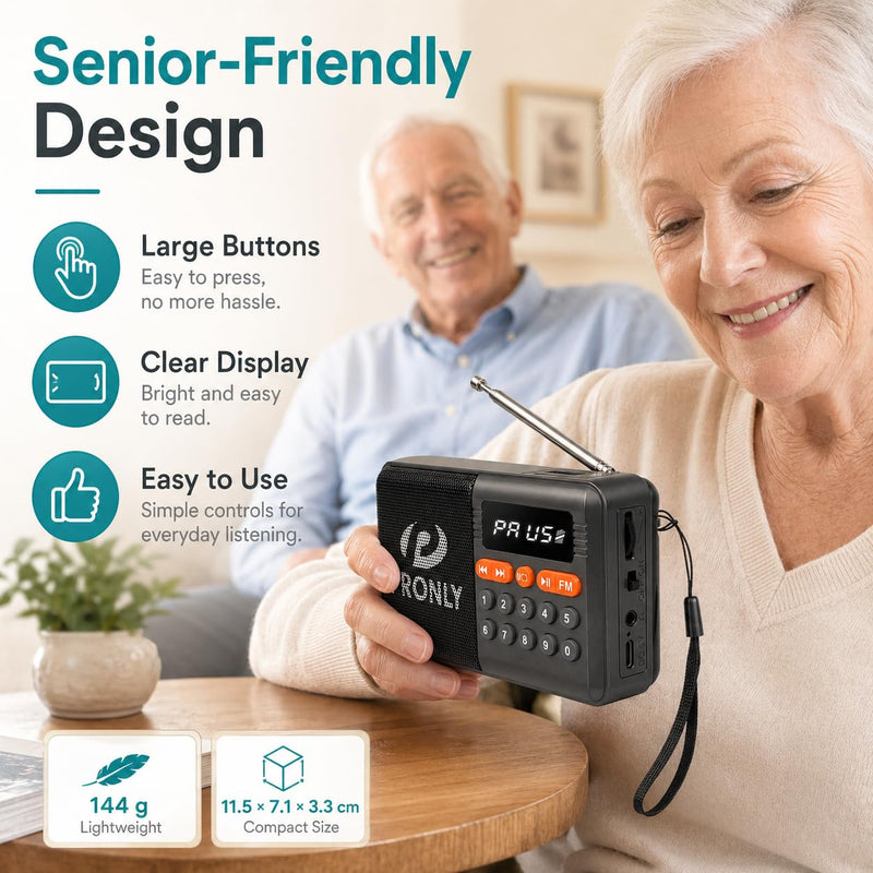 FM Radio, Digital FM Radio with Bluetooth, USB-C Rechargeable Small Portable Radio, TF Card/U Disk Playback, LED Display, PR-808BT for Home Bedroom Kitchen, Black