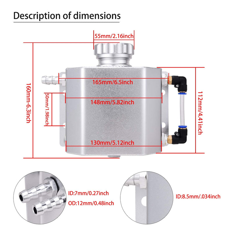 SPEEDWOW Coolant Overflow Tank, Aluminum Radiator Overflow Tank with Teflon Tape & O-ring Gasket, 1 L Universal Reservoir Expansion Tank (Silver) Silver