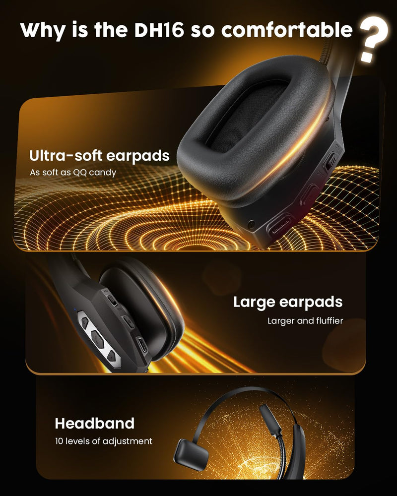 Trucker Bluetooth Headset with Charging Base, Wireless Hands-Free Headset with Noise Canceling Mic & Mute Button, 56Hrs Working Time PC Headsets for Cell Phones, Computer, Truck Driver BLACK
