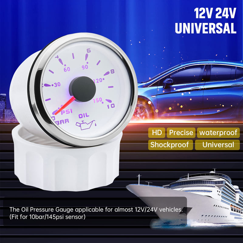 ARTILAURA Oil Pressure Gauge 7 Color 2-1/16" 52mm Electric Oil Pressure Gauge 0-150 PSI 0-10Bar Automotive Replacement for AUTO Car Truck SUV Boat Marine White