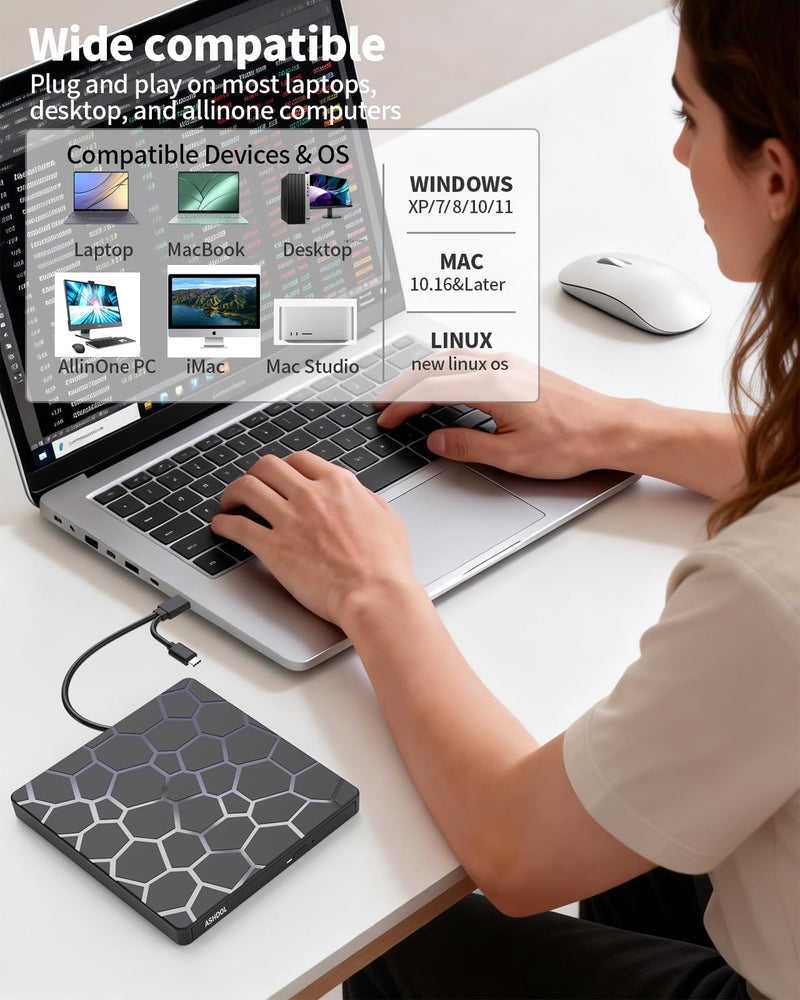 8 in 1 External CD DVD Drive, USB 3.0 and Type-C Disc Reader Burner Player | Optical Drive for PC Laptop Desktop MacBook Mac Windows Linux OS Apple