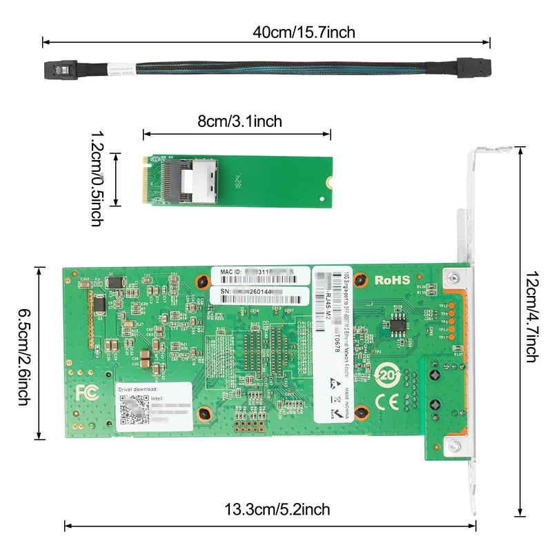 10 Gigabit M.2 to RJ45 NIC, Intel 82599 Controller, Single-Port RJ45, M Key, with SFF 8087 0.35m(1.1ft) Cable, 10 Gigabit Ethernet Expansion Card for Windows/Windows Server/Linux