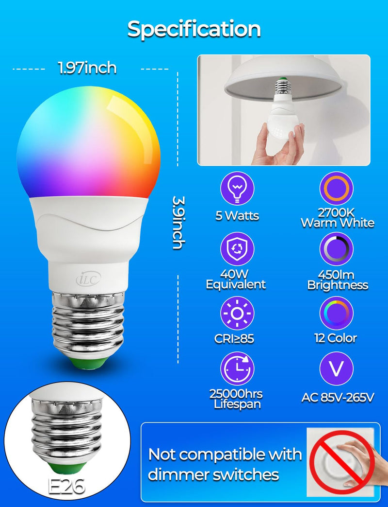 ILC RGB LED Light Bulb, Color Changing Light Bulb, 40W Equivalent, 450LM, 2700K Warm White 5W E26 Screw Base RGBW, 12 Color Choices - Timing Infrared Remote Control (8 Pack) 8 Pack