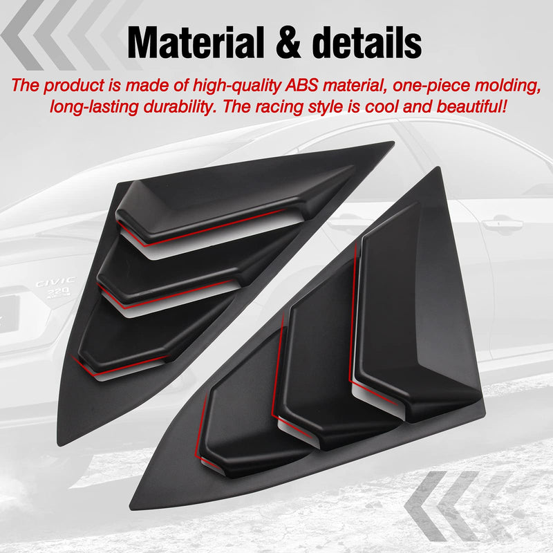 for 10th Gen Civic Sedan Rear Side Window Louvers Air Vent Scoop Shades Cover Blinds Racing Style Compatible with Civic Sedan 2021 2020 2019 2018 2017 2016 (Matte Black) Matte Black