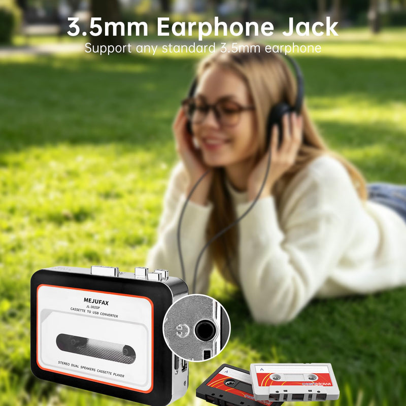 Cassette Player Recorder, Portable Cassette Tape Player with Built-in Dual Speakers, Auto Reverse, Cassette to MP3 Converter,Rewind Stereo Cassette（Black） Black