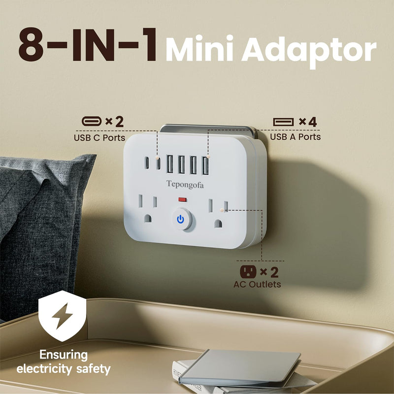Wall Charger,Surge Protector Outlet Extender, Multi Plug Splitter with 2 Electrical Outlets 4 USB Ports(2 USB C), Multiple Plug Mini Wall Expander for Home Bathroom Office Dorm Room Essentials (White) White