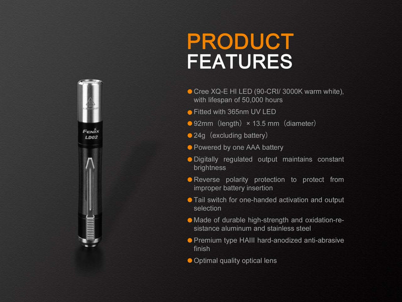 EdisonBright Fenix LD02 V2.0 70 Lumen Neutral White/UV Pen-Type LED Flashlight Bundle with AAA Battery
