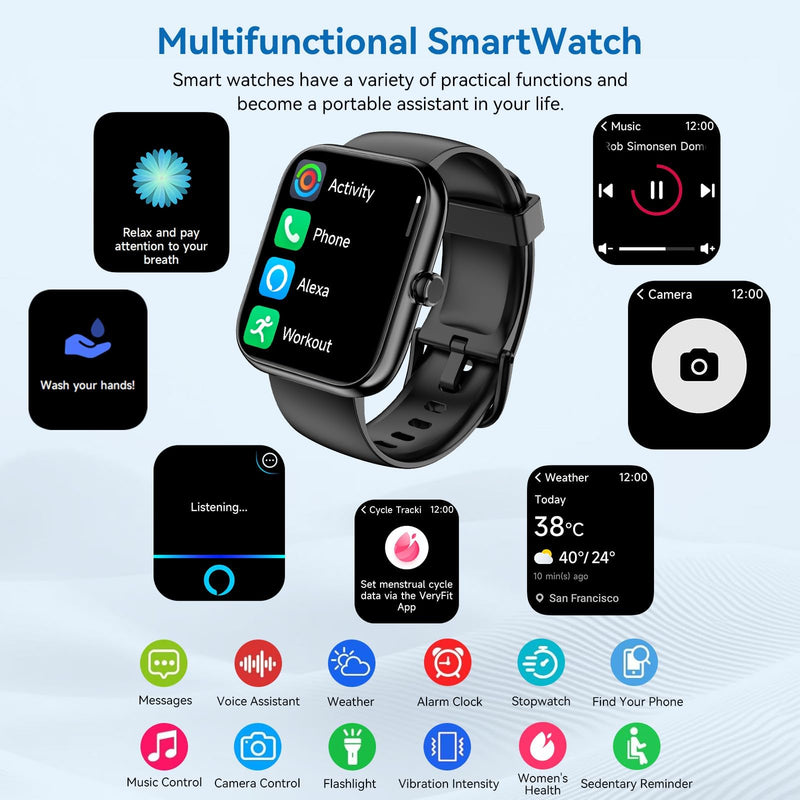 Smart Watch with Alexa Built-in 2026 Fitness Tracker 1.83" HD Bluetooth Calls and Notifications Heart Rate Sleep Monitor Fitness Watch IP68 Waterproof with 120+ Sport Modes for iPhone Android (Black) Black