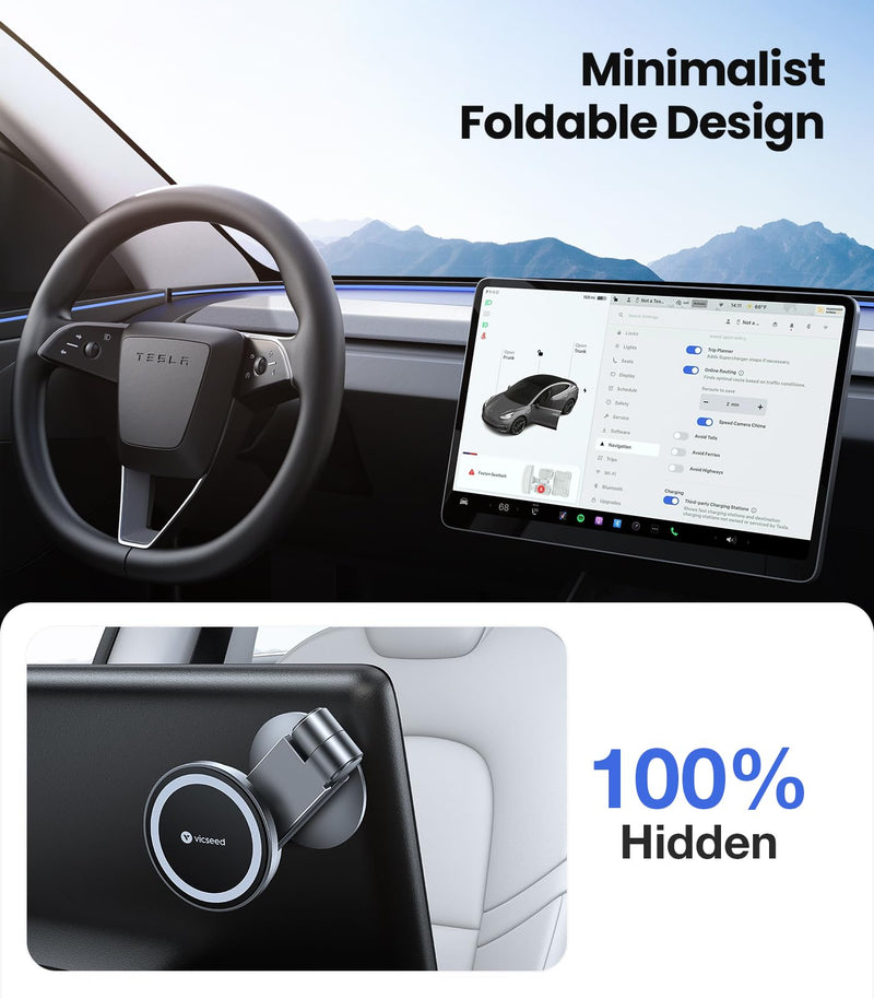 VICSEED Tesla Phone Mount【Strongest Magnet Power】Foldable Hidden Tesla Phone Holder Fit for All Phone, Tesla Model 3 Model Y for MagSafe Car Mount, Tesla Model 3 Accessories, Tesla Model Y Accessories Black