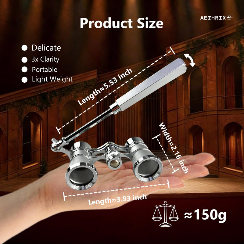 3X25 Opera Glasses with Foldable Handle Small Elegant Theatre Glasses for Concerts Opera Horse Sports Cinema Silver with handle-Chrome