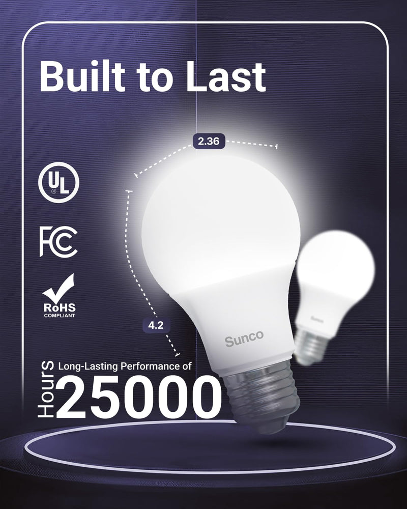 Sunco 24 Pack A19 LED Light Bulbs, [Focos para Casa], E26 Base Lamp Bulb for Bedroom Bathroom, 850 LM, 8W (60W Equivalent), 3000K Warm White, Non-Dimmable, 25000 Lifetime Hours UL