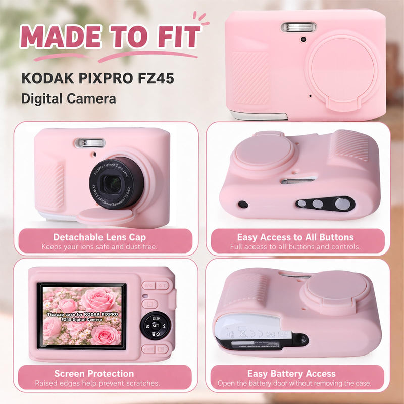 Case for Kodak PIXPRO FZ45 Digital Camera, Silicone Camera Case with Removable Lens Cover,Cute Beaded Charm Strap & 2 Pack Screen Protectors,Aesthetic Travel Camera Accessories (Smoked Pink) Smoked Pink