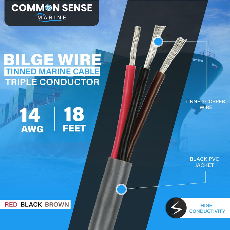 14 Gauge 3 Conductor Triplex Marine Grade Wire - 18 ft Tinned Copper Oxygen-Free Insulated - PVC for Boat, Automotive, Speakers, Camper & Trailers 18 Feet (Coiled)