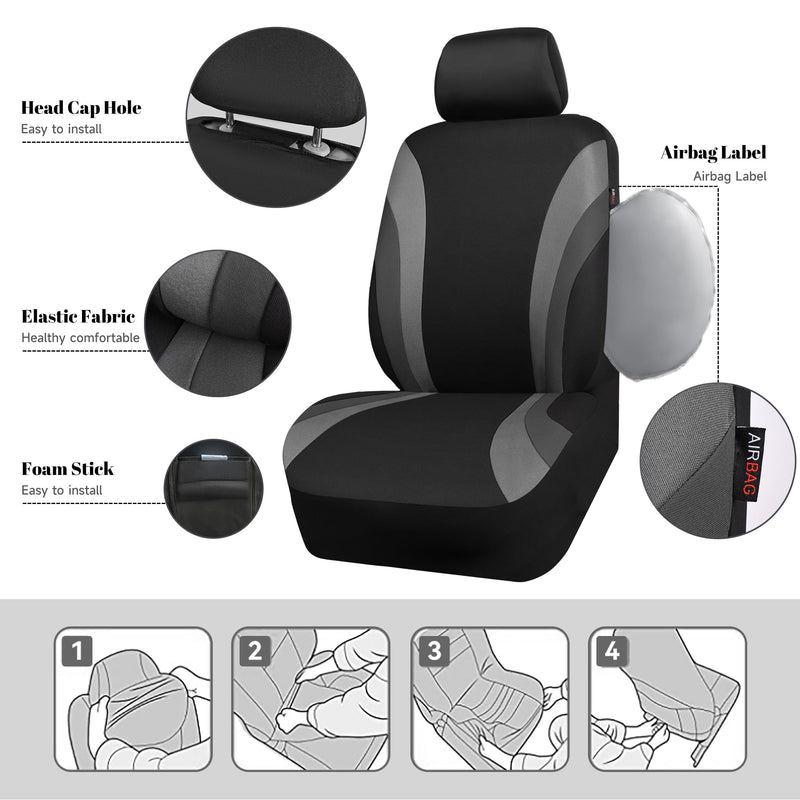 CAR PASS Line Rider Sporty Front Seat Covers,Gray Car Seat Covers Two Front Seats Only, Airbag Compatible,Universal Fit Sedans,Cars,Vans,SUV,Truck(Black and Gray) Black and Gray Two Front Seat