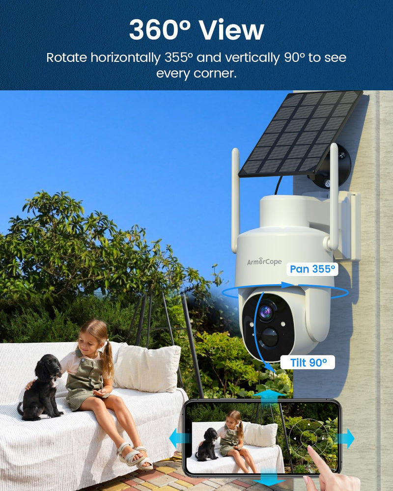 Solar Security Cameras Wireless Outdoor,360° View Battery Powered with Spotlight Color Night Vision,2K WiFi Home Security,PIR Sensor,Wireless Easy Install, 2.4 GHz Wi-Fi White WiFi 1 Pack