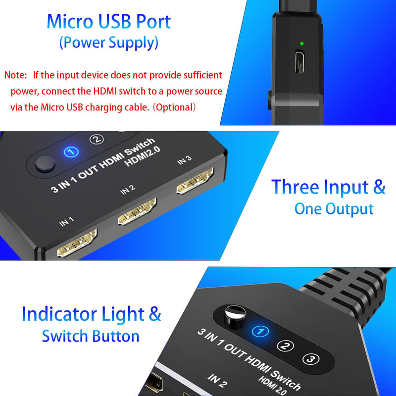 HDMI Switch 3 in 1 Out, 4K@60hz HDMI Splitter, 3 Way HDMI Switcher Supports Full HDCP2.2 1080P 3D Compatible with Roku Fire TV Stick HDTV PS4/PS5 Xbox One Chromecast, Compatible with Mac/Win/Linux