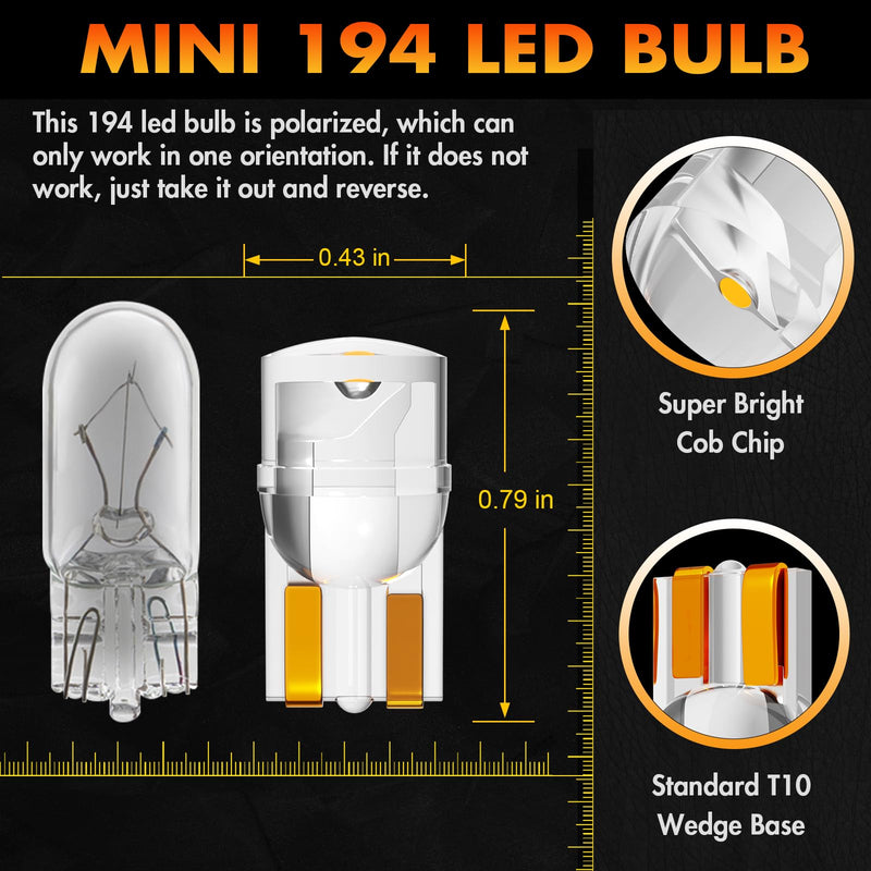 Alopee 30 Pack 194 Led Bulb Amber Acrylic T10 Amber Led Bulb DC 12V Car Interior Lights for 194 168 T10 2825 W5W Gauge Cluster Marker Dome Light
