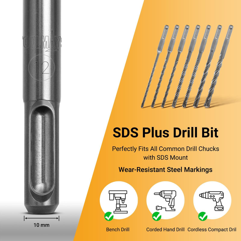 SDS Plus Concrete Drill Bit Set, 7-Piece (5-12mm x 160mm) — Premium Carbide-Tipped Masonry Drill Bits for Concrete, Brick, Block & Stone, Max Hardness 92 HRC, Ideal for Hammer Drills 5-12 mm x 160 mm Masonry Drill
