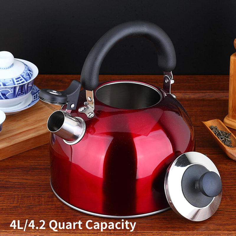 3.75 Quart/4L Whistling Tea Kettle,Stainless Steel Teakettle Teapot for Stovetop,Vintage Tea Kettles with Touch Ergonomic Handle(Red) 3.8 Quarts