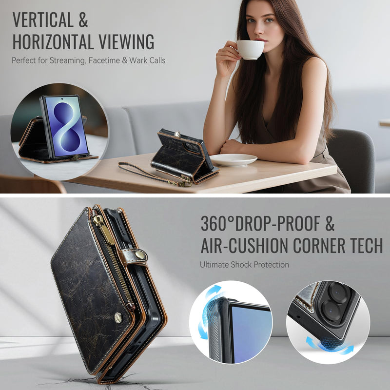 Defencase for Galaxy Z Fold 8 Case Wallet Compatible with Magsafe, Coffee | Magnetic Detachable, RFID Bolcking Card Holder, Zipper, PU Leather, Drop-Proof Phone Cases Cover for Samsung Galaxy Z Fold 8 (Detachable with Magsafe)-Coffee