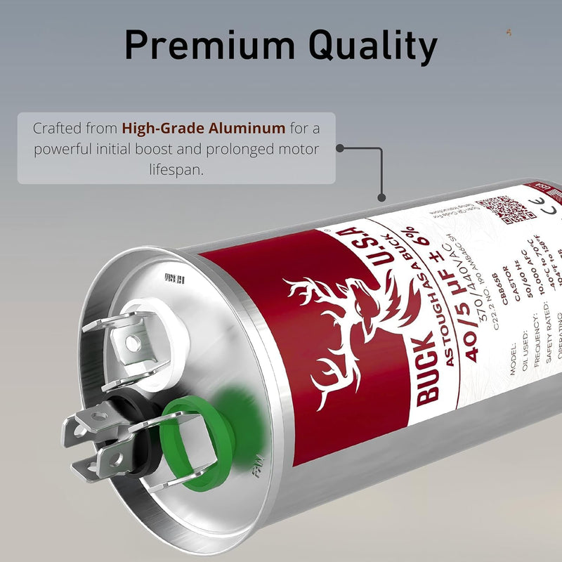Buck 40+5uF 40/5 MFD ±6% CBB65B Dual Run Round Start Capacitor - Ideal for HVAC Systems, Air Conditioner Unit Fan Motor Start, Heat Pump, & Condenser Straight Cool Applications 370/440VAC 50/60Hz 40+5 µF 1
