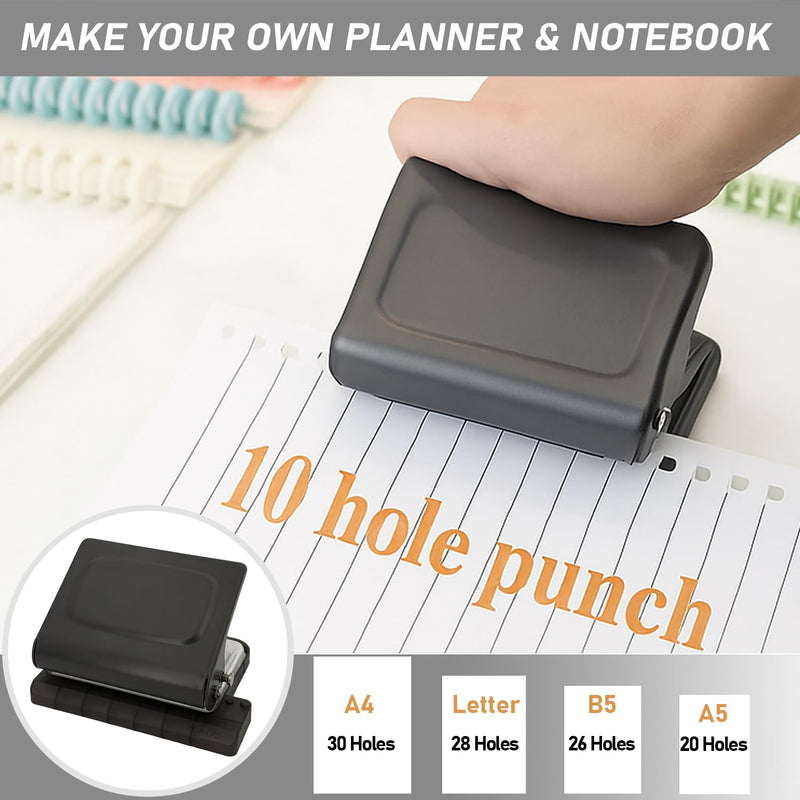 10-Hole Binding Machine for Planner (Black) - Manual Punch with 10 Multi-Color Binding Spines - Punches 26 Holes on B5, 30 Holes on A4, 20 Holes on A5 Paper Black