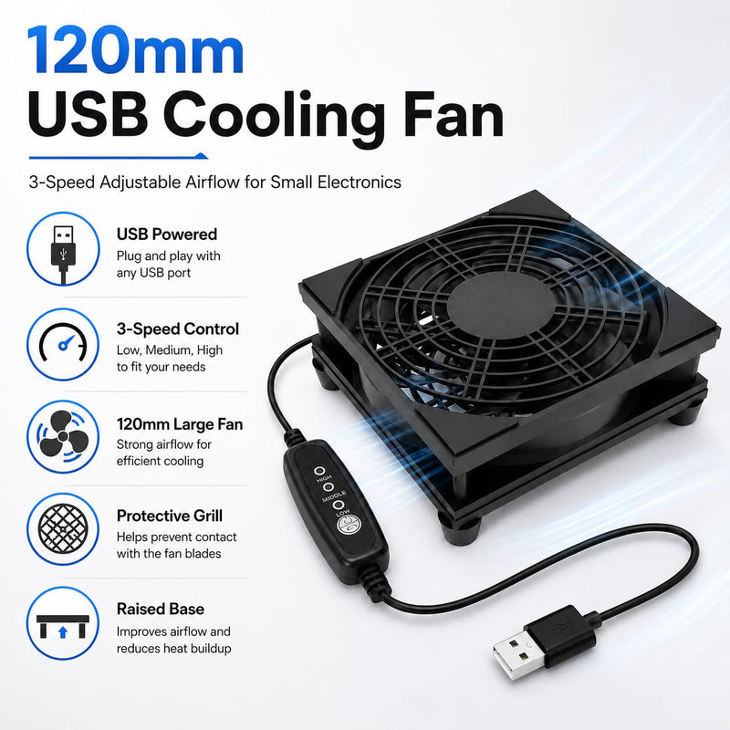 120mm USB Cooling Fan, 3-Speed Adjustable Airflow with Protective Grill, Plug and Play Cooler for Router, Modem, TV Box, AV Cabinet, Game Console, Mini PC, Black