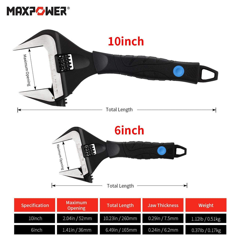 MAXPOWER Stubby Adjustable Wrench Deep Jaw Wide Opening, 6-Inch and 10-Inch Plumbing Wrench Set with Kitbag Wide Jaw 6,10-inch