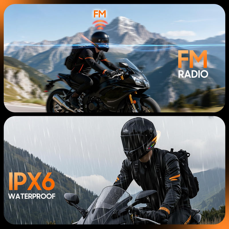 Motorcycle Bluetooth Headset V5.3, Noise Cancelling Helmet Speakers with High Volume, Dual Mic, 1000mAh Battery, IPX6 Waterproof & RGB Lights for Riding Black
