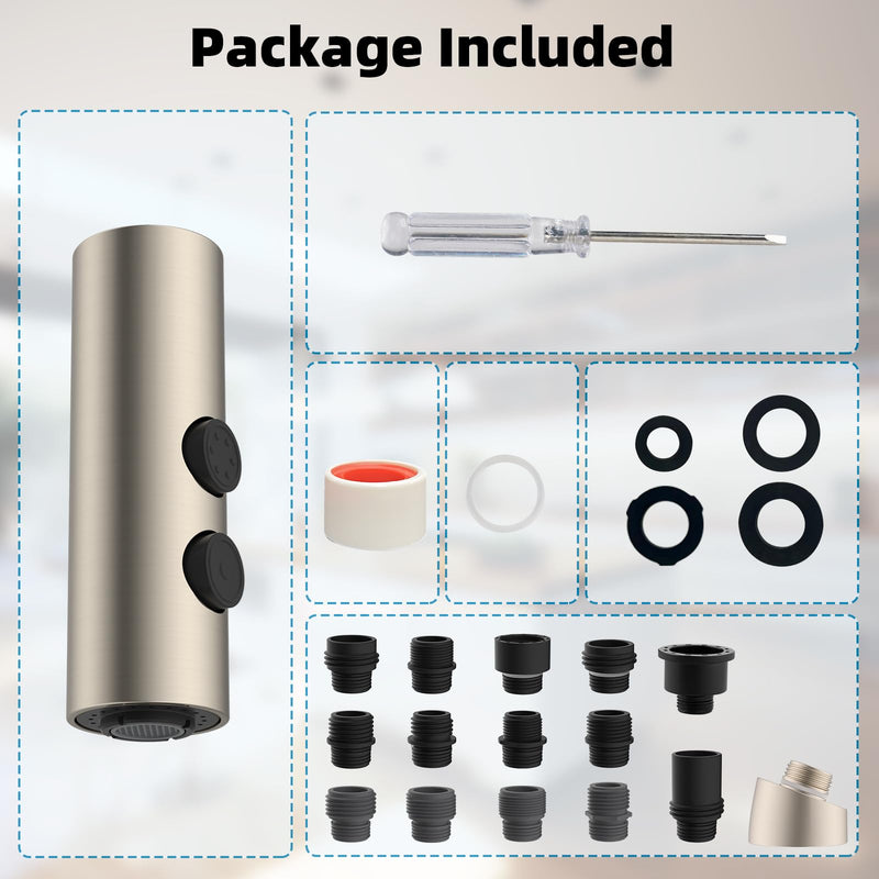 Hibbent Metal Pull Down Kitchen Faucet Head Replacement with 15 Adapters, Sink Spray Head, 2 Function Spray Nozzle Compatible with Moen, American Standard, Delta, Kohler Faucets, Brushed Nickel Stainless Steel