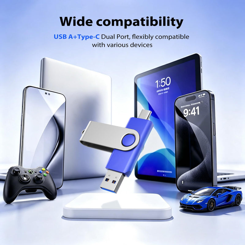 2-Pack 32GB USB-C & USB 2.0 Flash Drive for Storage, Blue 32GB-2pcs