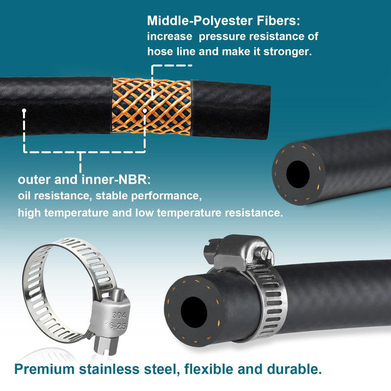 1/4 Fuel Line, Fuel Line Hose 10 Feet, NBR Rubber Gasoline Tube with 10 PCS Stainless Steel Fuel Line Clamps, Fuel Line Kit 1/4 inch (10FT)+Clamps
