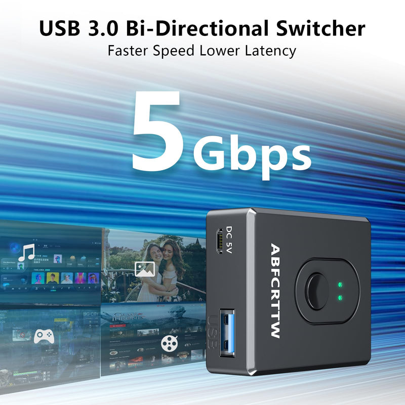 USB 3.0 Switch Powered, Bi-Directional USB Switcher 2 Computers 1 in 2 Out (2 in 1 Out), USB Switch Selector for Keyboard, Mouse, Printer, Webcam, USB Sharing Switch Supports Carplay and Android Auto Black