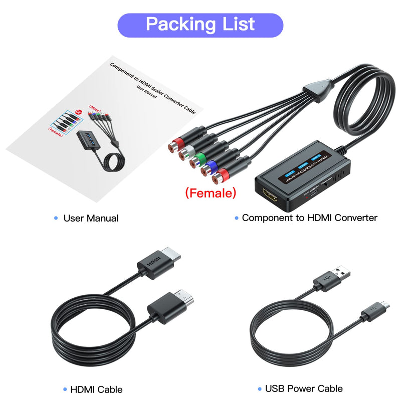 Female Component to HDMI Converter with Scaling Function for PS2/NGC/Xbox/Wii with Male Component, YPbPr to HDMI Scaler Converter with HDMI and Integrated Component Cables, RGB to HDMI Converter…