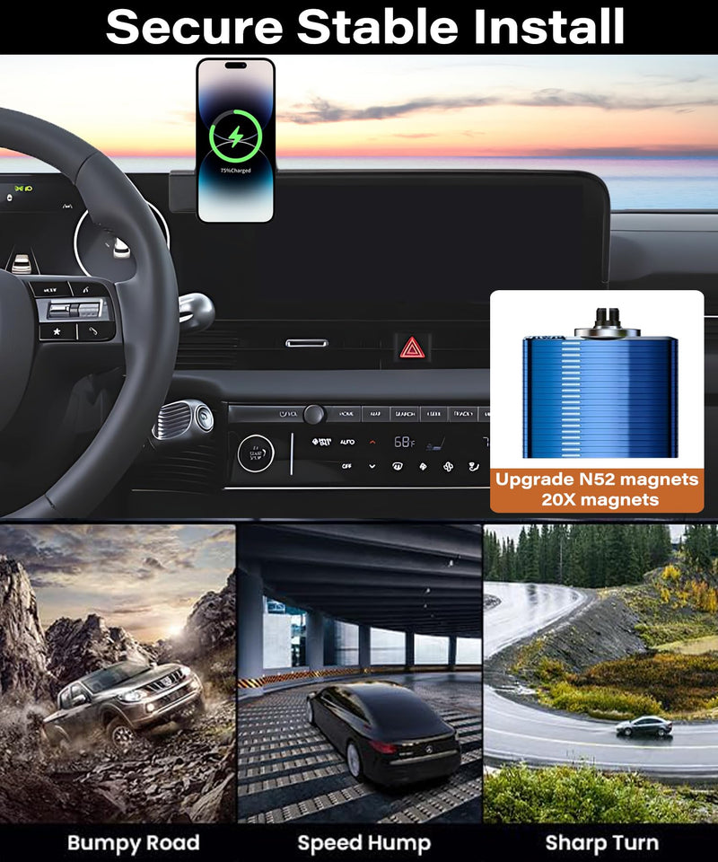 Car Phone Mount for 2022-2025 Hyundai loniq 5 12.3" Screen Accessories | MagSafe 15W Fast Wireless Charger Cell Phone Holder,360° Rotatable 3D Fit Navigation Clip-On Cradle,will Not Block Air Vents fit for 2022-2025 Hyundai loniq 5(12.3 Inch)