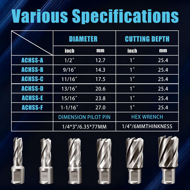 6pcs M2 HSS Annular Cutter Set 1" Depth 1/2"-1-1/16" 3/4" Weldon Shank | Mag Drill Bits for Magnetic Drill Press, Includes 2 Pilot Pins & 1 Hex Wrench, for Steel, Aluminum and Copper 1/2"-1-1/16" 6PCS HSS 1" Cutting Depth