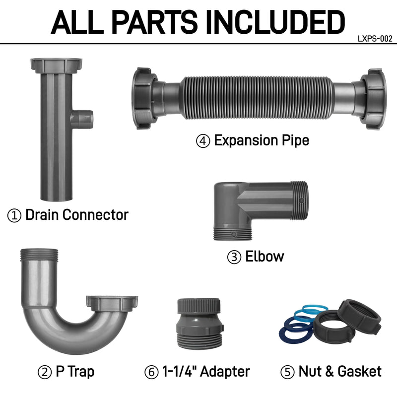 Universal 1-1/4" & 1-1/2" P Trap Drain Kit, Flexible PP U-Bend Plumbing Pipe for Bathroom Sink & Kitchen, Heat Resistant Drain Replacement with Extension Tube & Adapter