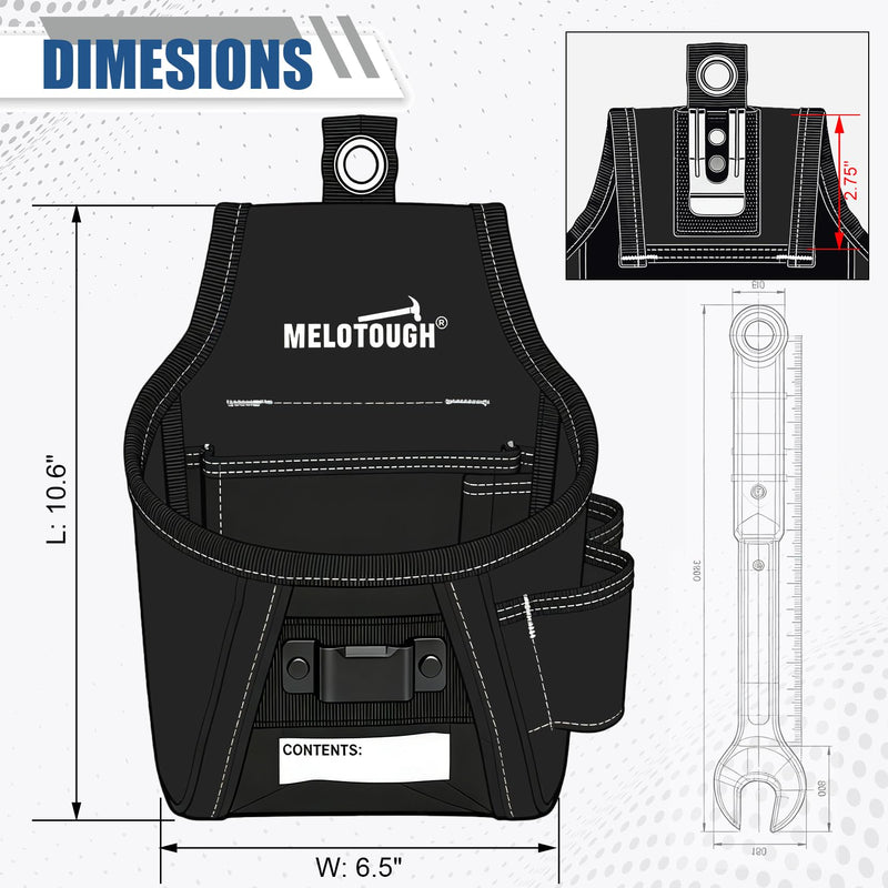 MELOTOUGH Nail and Screw Organizer Bag for Electricians and Carpenters, Tool Belt Pouch with Belt Clip, Heavy Duty Work Fastener Pouch Black