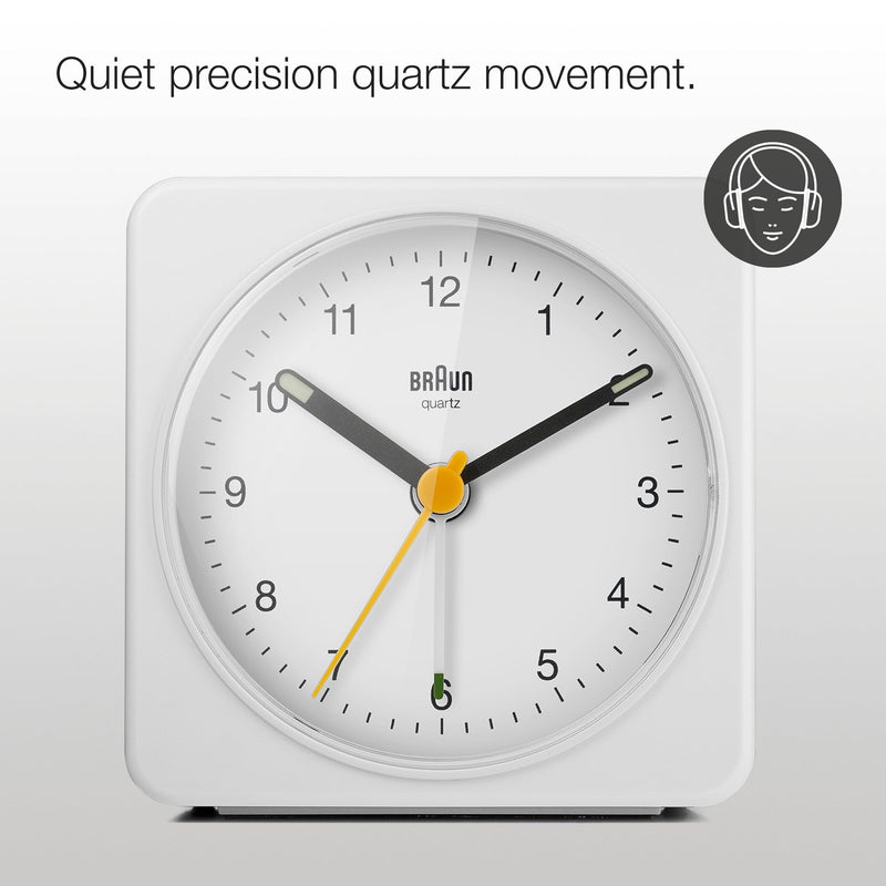Braun Classic Analogue Alarm Clock with Snooze and Light, Quiet Quartz Sweeping Movement, Crescendo Beep Alarm in White, Model BC03W. Small