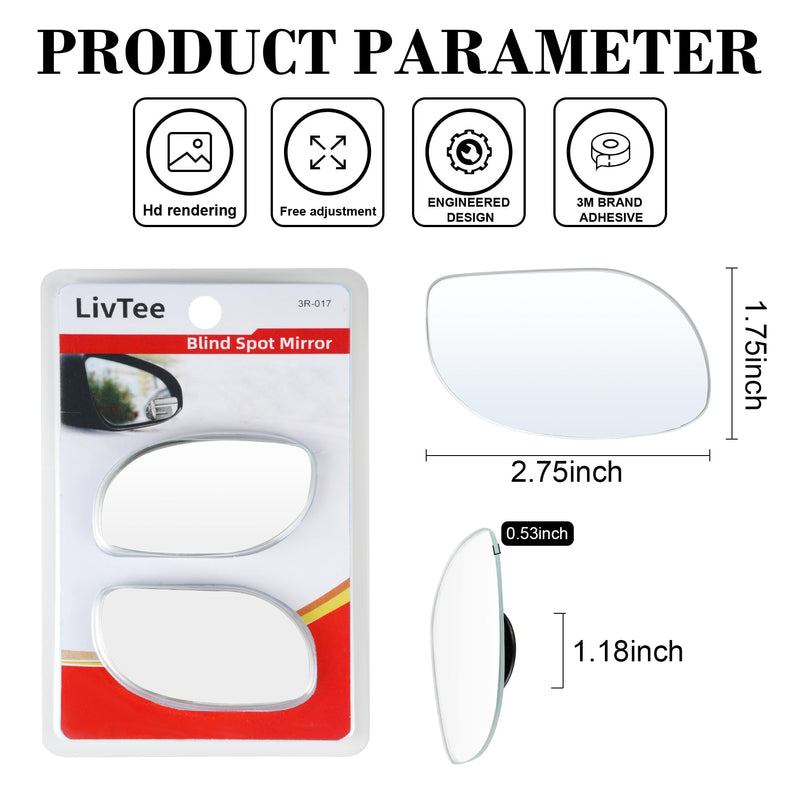 LivTee Blind Spot Mirrors, HD Glass Frameless Convex Rear View Mirrors, Wide Angle Adjustable Stick for Side Mirror, Automotive Exterior Accessories for Car, SUV & Trucks, Pack of 2