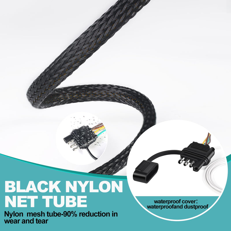 22FT 4 Pin 5 Wire Trailer Wiring Harness Protected by Nylon Net Tube, Utility Pure Copper Boat Trailer Wiring Kit for Trailer Tail Light Rewiring, Waterproof 4 Pin 5 Wire Trailer Connector