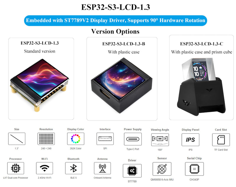 ESP32-S3 1.3inch Display Development Board, ESP32 with Display 240x240 Pixels, Built-in ST7789V2 Chip and 6-Axis IMU, 262K Color, SPI Communication, Supports 90° Hardware Rotation, with Case