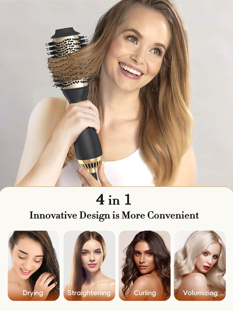 LANDOT Hair Dryer Brush, Hot Air Styler Volumiser, 60mm Oval Blowout Brush | Ionic Blowdry Brush for Drying Smoothing and Volumizing, Anti-frizz Ceramic Titanium Barrel, 3 Heat & 2 Speed, All Hair Types Black/Gold